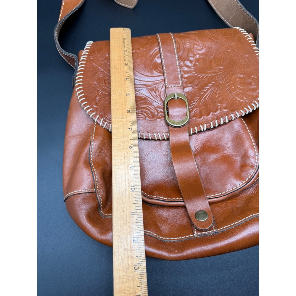 Patricia Nash Tan Leather Tooled Floral Crossbody Bag Whipstitch Messenger Boho - Picture 3 of 10
